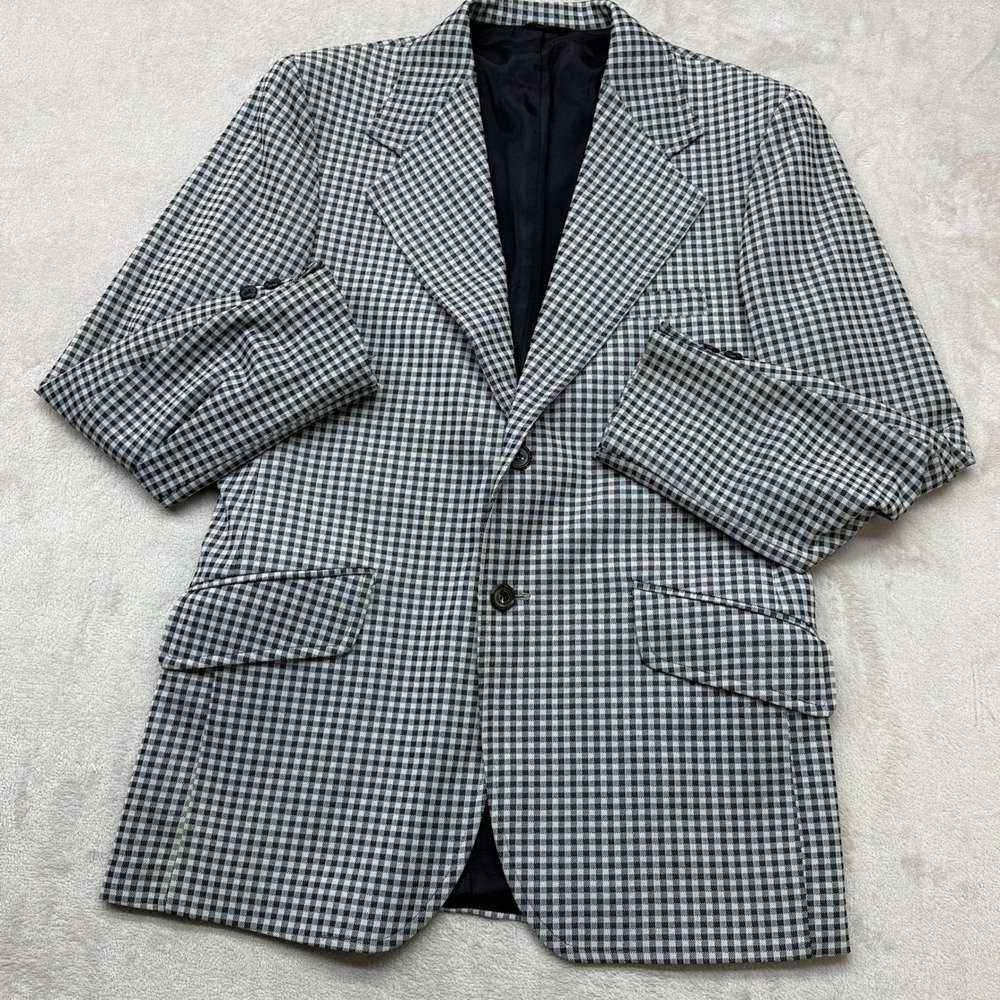 Vintage Sears Blazer Men Medium Black White Gingham Check 2-Button 70s Knit Coat